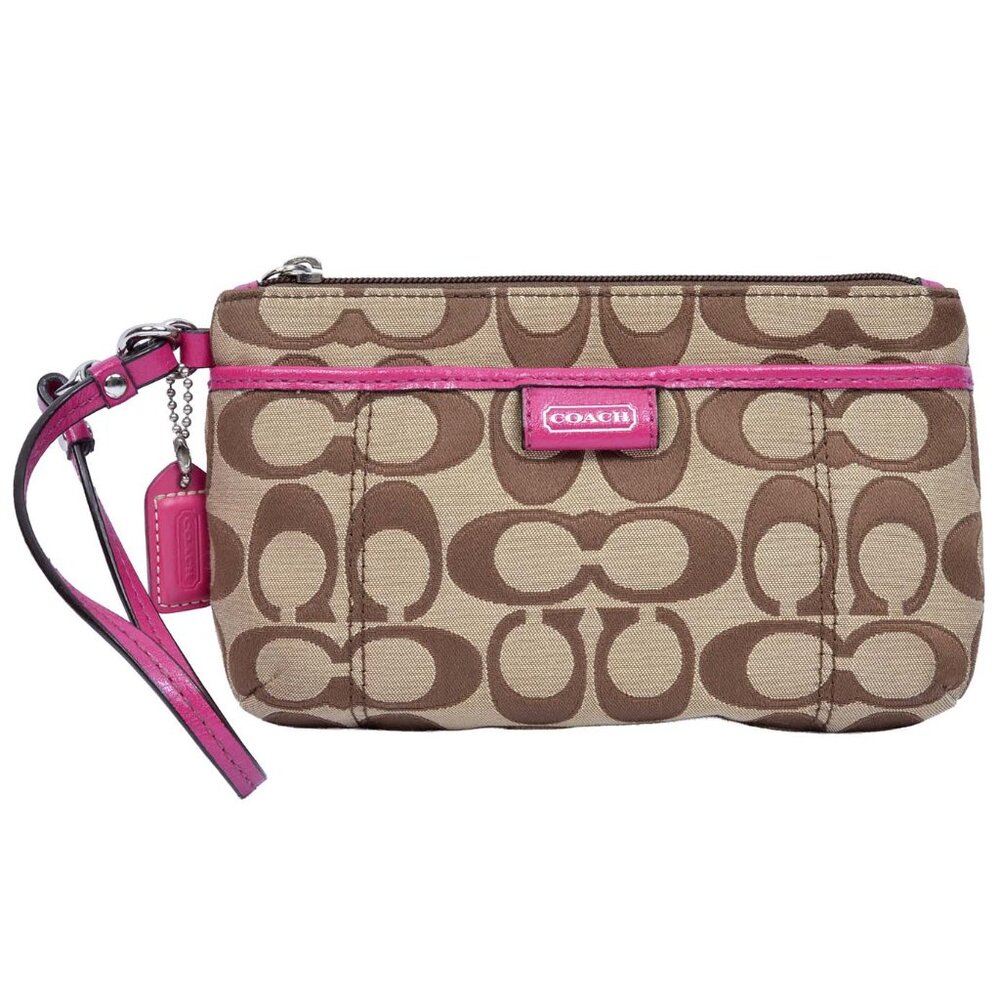 COACH Signature Wristlet Purse in Beige with Pink Trim Accents